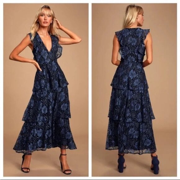 Lulu's Molinetto Navy Blue Lace Ruffled Tiered Sleeveless Maxi Dress, Size Small - Picture 1 of 16